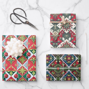 Feuille De Papier Cadeau Géométrique des années 50-60 couleurs de Noël roug