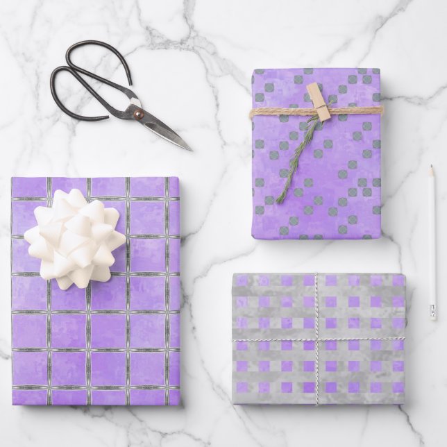 Feuille De Papier Cadeau Géométrique violet et gris (Recto)