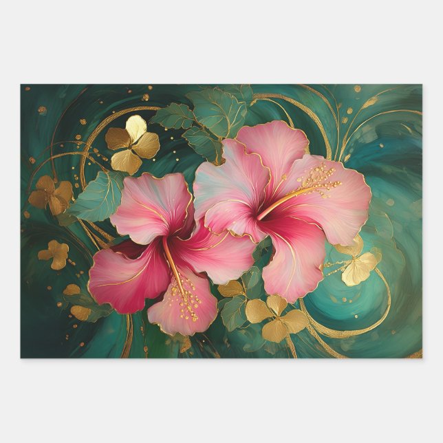 Feuille De Papier Cadeau Gilded Pink Hibiscus, Coconut Grove (Devant 2)