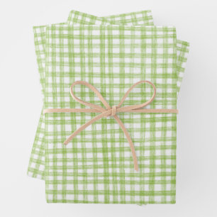 Feuille De Papier Cadeau Gingham Dessiné Moderne Mignon Vert Blanc Prépa