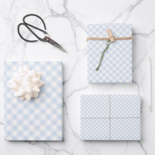 Feuille De Papier Cadeau Gingham Rétro Printemps | Bleu Poudre (Recto)