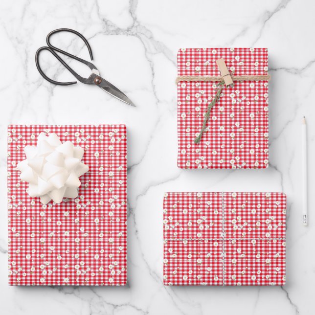 Feuille De Papier Cadeau Gingham rouge avec petites marguerites blanches (Recto)