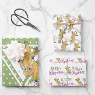Feuille De Papier Cadeau Girafe avec foulard de Noël Cute drôle L'art anima