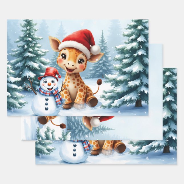 Feuille De Papier Cadeau Girafe de caricature mignonne avec Santa Hat & Sno (Lot)