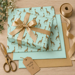 Feuille De Papier Cadeau Girafe Safari Chic Bleu Jungle