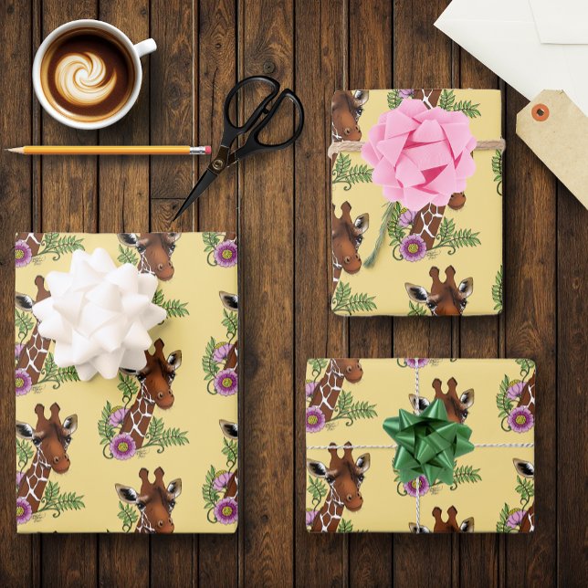 Feuille De Papier Cadeau Giraffe Fleurs de Portrait Jaunes (Créateur téléchargé)