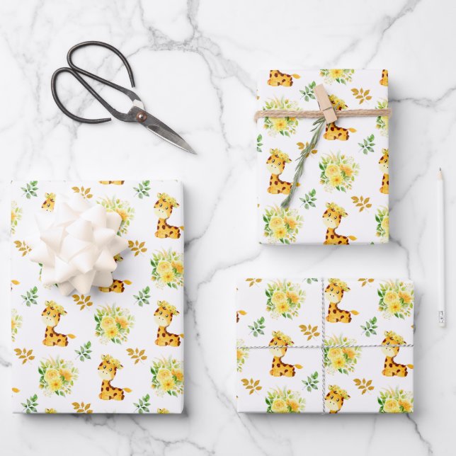 Feuille De Papier Cadeau Giraffe Fleurs Florales Jaunes (Recto)