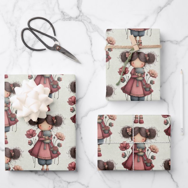 Feuille De Papier Cadeau Girl with A Frog Doll Cute Whimsical Pattern (Recto)