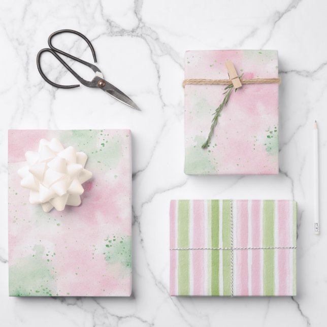 Feuille De Papier Cadeau Girly Blush Pink Green Abstract Stripes Birthday (Recto)