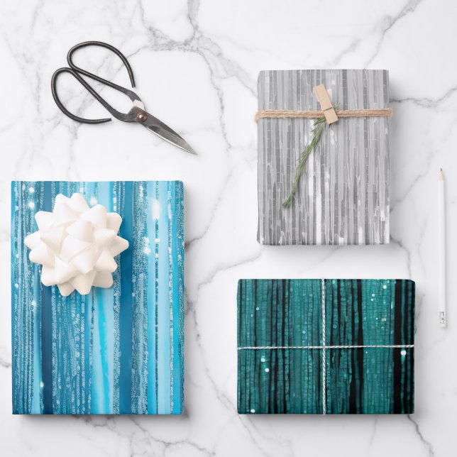 Feuille De Papier Cadeau Glam Aqua Sparkle Stripes (Recto)