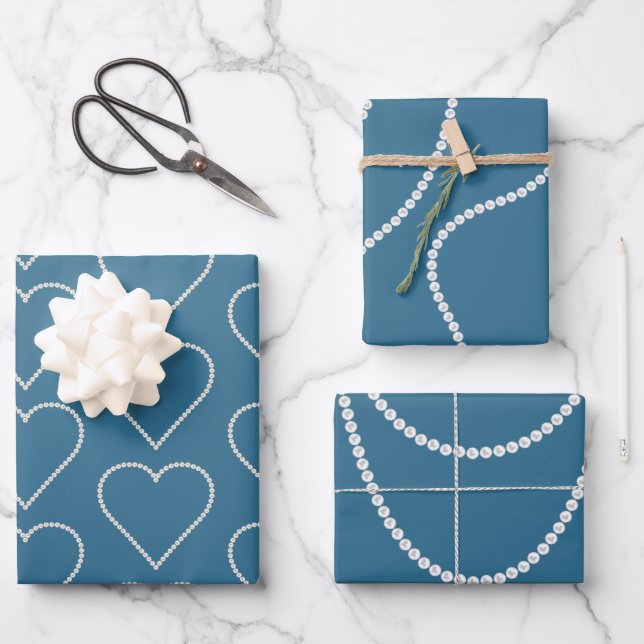 Feuille De Papier Cadeau Glam Bleu Perles Blanches Mariage (Recto)