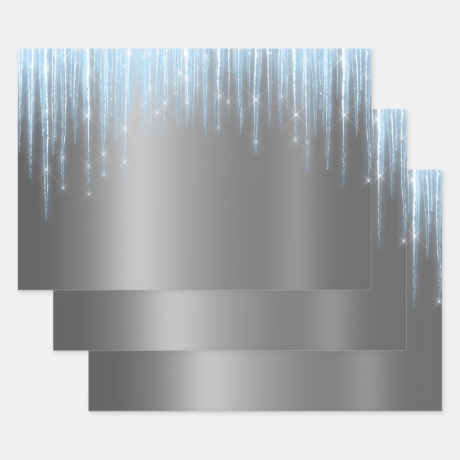 Feuille De Papier Cadeau Glam Blue Silver Icicles Noël (Lot)