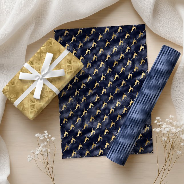 Feuille De Papier Cadeau Glam Christmas Navy Blue Gold Deer Fans Stripes (Créateur téléchargé)