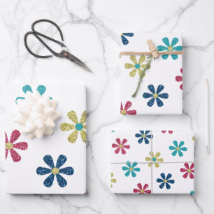 Feuille De Papier Cadeau Glam Girly 60s Parties scintillant Fleurs or bleu