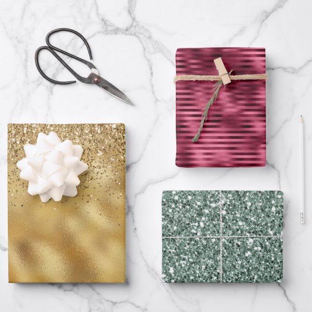 Feuille De Papier Cadeau Glam Gold Burgundy Green Parties scintillant (Recto)