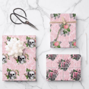 Feuille De Papier Cadeau Glam gothique rose victorien Squelette et Damas