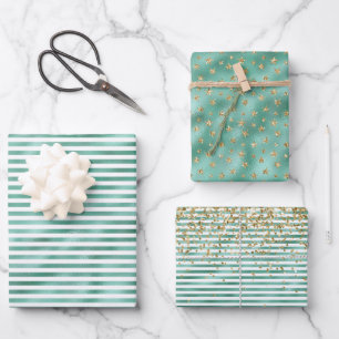 Feuille De Papier Cadeau Glam Green White Stripes Gold Parties scintillant
