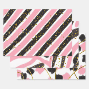 Feuille De Papier Cadeau Glam Pink Black Gold Parties scintillant Motif éti