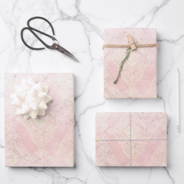 Feuille De Papier Cadeau Glam Shabby Chic rose blanc Élégant (Recto)