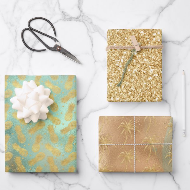 Feuille De Papier Cadeau Glam Tropical Gold Aqua Glitz Ananas  (Recto)