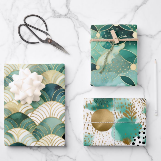 Feuille De Papier Cadeau Glam vert Gold Abstrait (Recto)