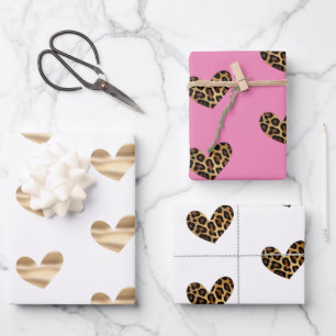 Feuille De Papier Cadeau Glamme d'or blanc et rose et coeur léopard