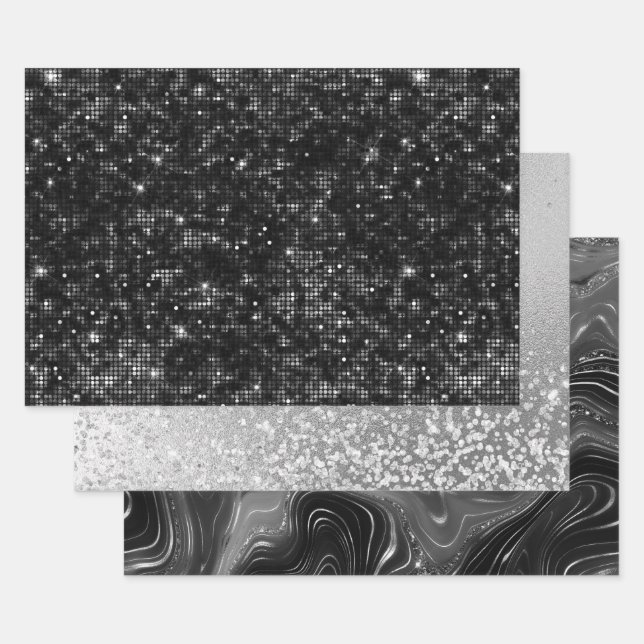 Feuille De Papier Cadeau Glamorous Black & Silver Sparkling Patterns (Lot)