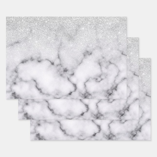 Feuille De Papier Cadeau Glamorous Silver White Glitter Marble Gradient (Lot)