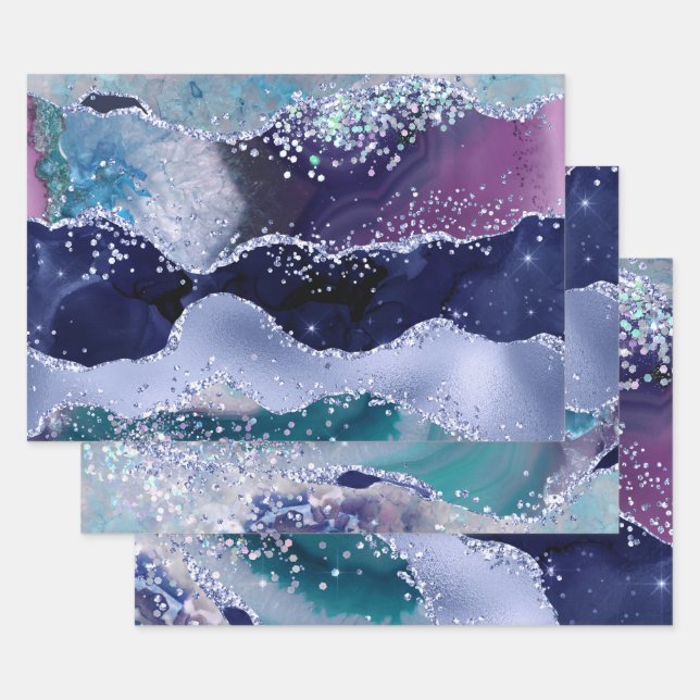 Feuille De Papier Cadeau Glamour Dark & Light Blue Faux Paillet Agate (Lot)