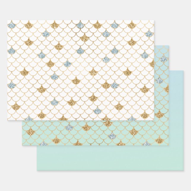 Feuille De Papier Cadeau Glitzy Mermaid Blue Gold Sparkle (Lot)
