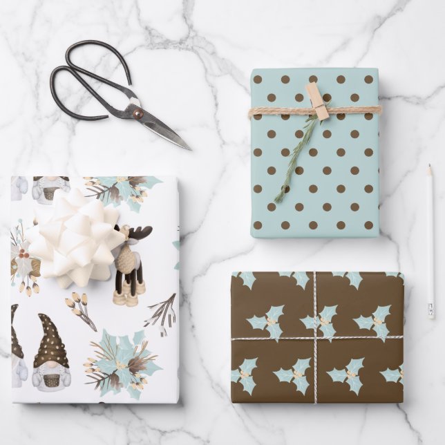 Feuille De Papier Cadeau Gnome Brown et Turquoise | Noël (Recto)