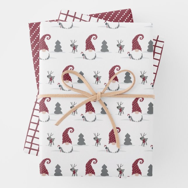 Feuille De Papier Cadeau Gnome & rennes, grille et points Scandinave (En situation)