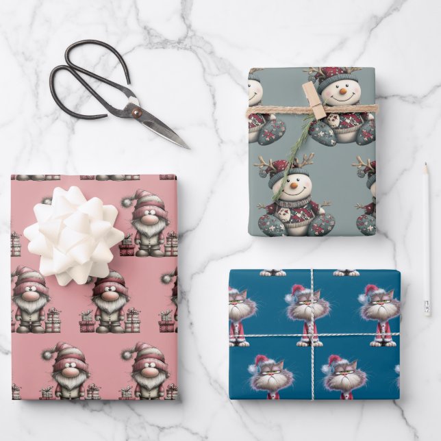 Feuille De Papier Cadeau gnome, snowman,  cute tired santa elf cat (Recto)