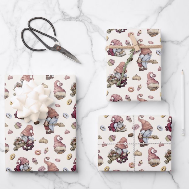 Feuille De Papier Cadeau Gnomes Baking Cupcakes Donuts tendance adorable mi (Recto)