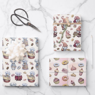 Feuille De Papier Cadeau Gnomes Baking Cupcakes Donuts Woodland tendance 