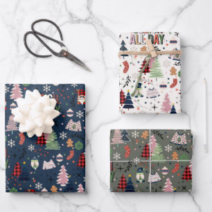 Feuille De Papier Cadeau Gnomes Colorés Amusants Arbre de Noël Festif