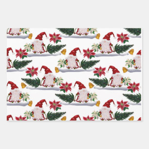 Feuille De Papier Cadeau Gnomes de Noël festifs, Poinsettia et cloches
