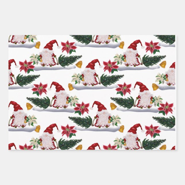 Feuille De Papier Cadeau Gnomes de Noël festifs, Poinsettia et cloches (Devant)