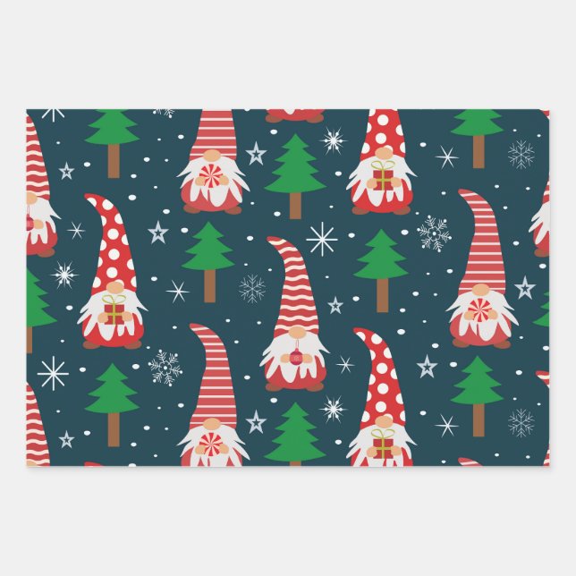 Feuille De Papier Cadeau Gnomes de Noël mignons avec arbres et flocons de n (Devant)
