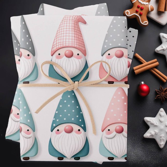 Feuille De Papier Cadeau Gnomes de Noël Pastel mignons, gris rose bleu (Créateur téléchargé)