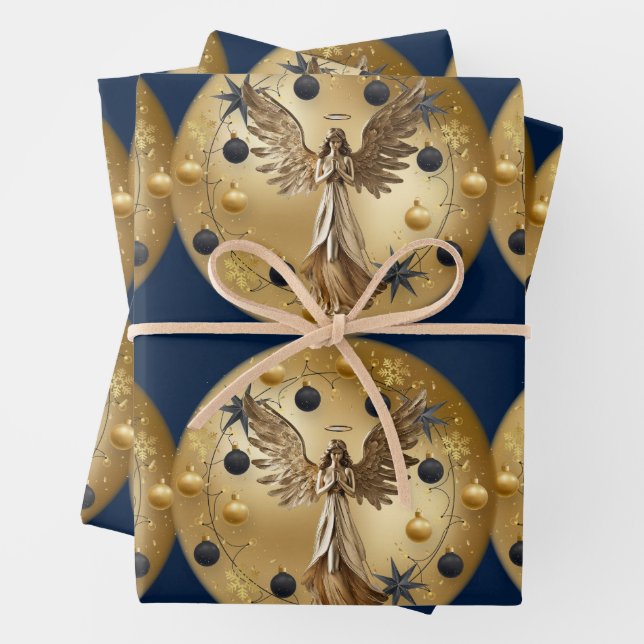 Feuille De Papier Cadeau Gold Angel Bleu Noir couronne de Noël (En situation)