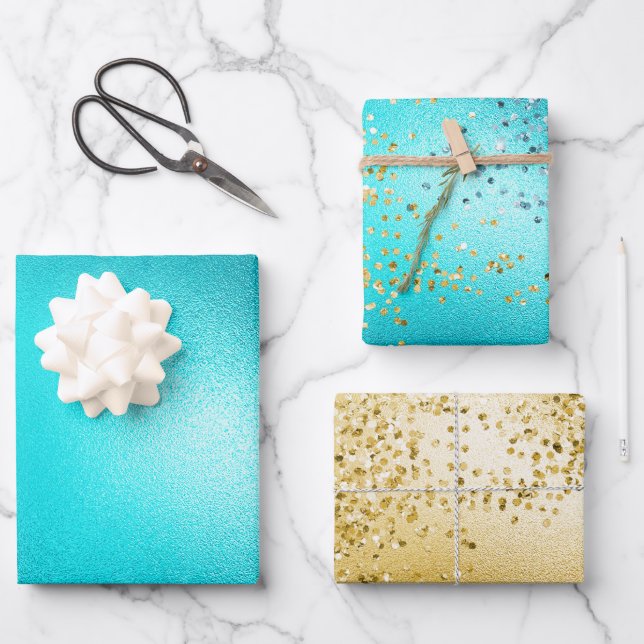 Feuille De Papier Cadeau Gold Aqua Parties scintillant Turquoise étincelle  (Recto)
