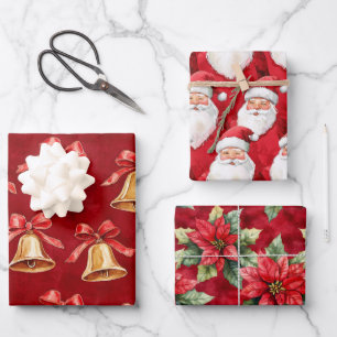 Feuille De Papier Cadeau Gold Bells Père Noël Poinsettia Fleurs Noël