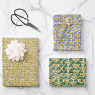 Feuille De Papier Cadeau Gold Blue & Green Poinsettia