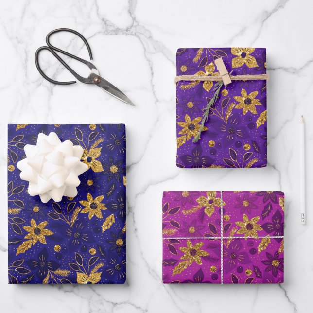 Feuille De Papier Cadeau Gold Christmas Poinsettia Flowers (Recto)