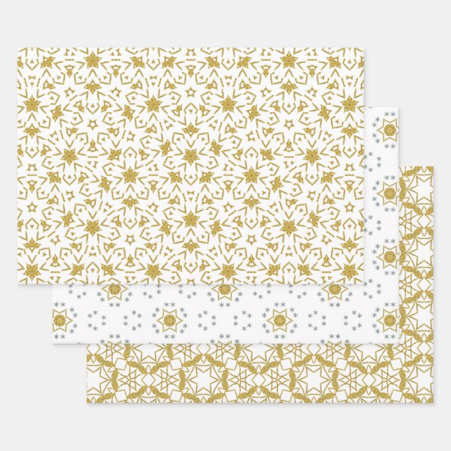 Feuille De Papier Cadeau Gold Christmas Stars Luxe Motif Jaune (Lot)