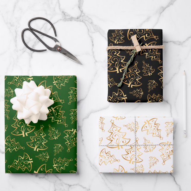 Feuille De Papier Cadeau Gold Christmas Trees on Green, Black, White (Recto)