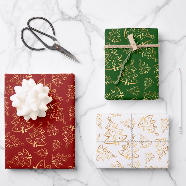 Feuille De Papier Cadeau Gold Christmas Trees on Red, Green, White (Recto)