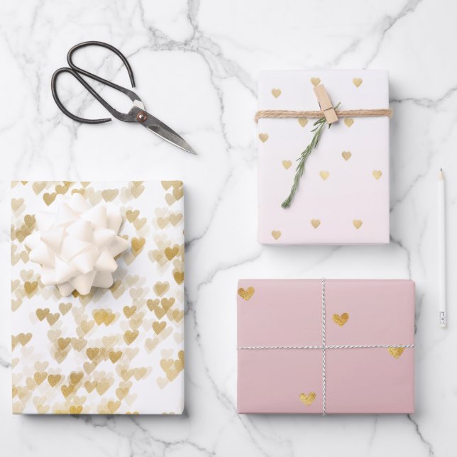 Feuille De Papier Cadeau Gold Glam Hearts Variété Confetti (Recto)