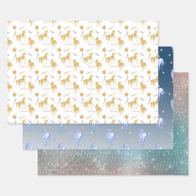 Feuille De Papier Cadeau Gold Inspiration Unicorne Anniversaire (Lot)
